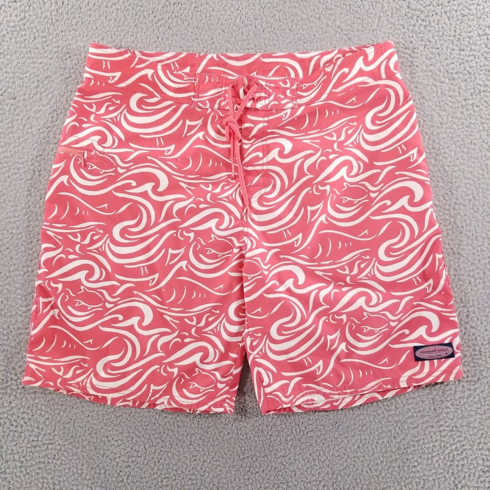 Vineyard Vines Board Shorts Mens 36 Pink White Swim Trunks Waves Surf Fish Whale